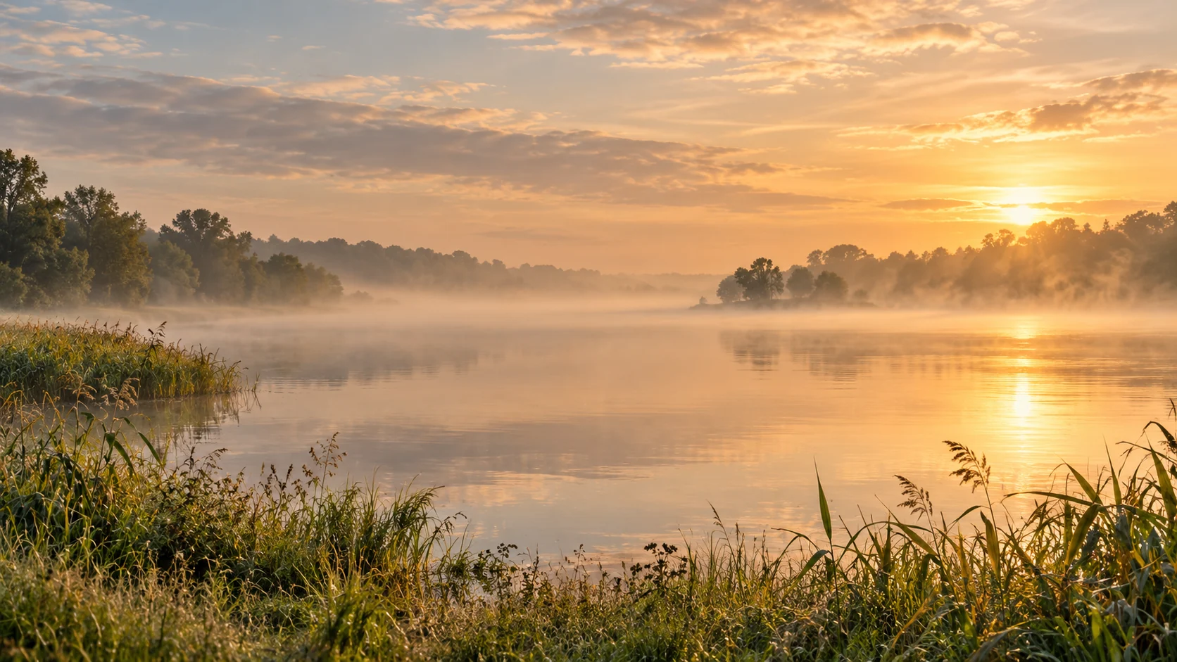 Warm ochtendlicht over een rustig, nevelig meer met riet langs de oever